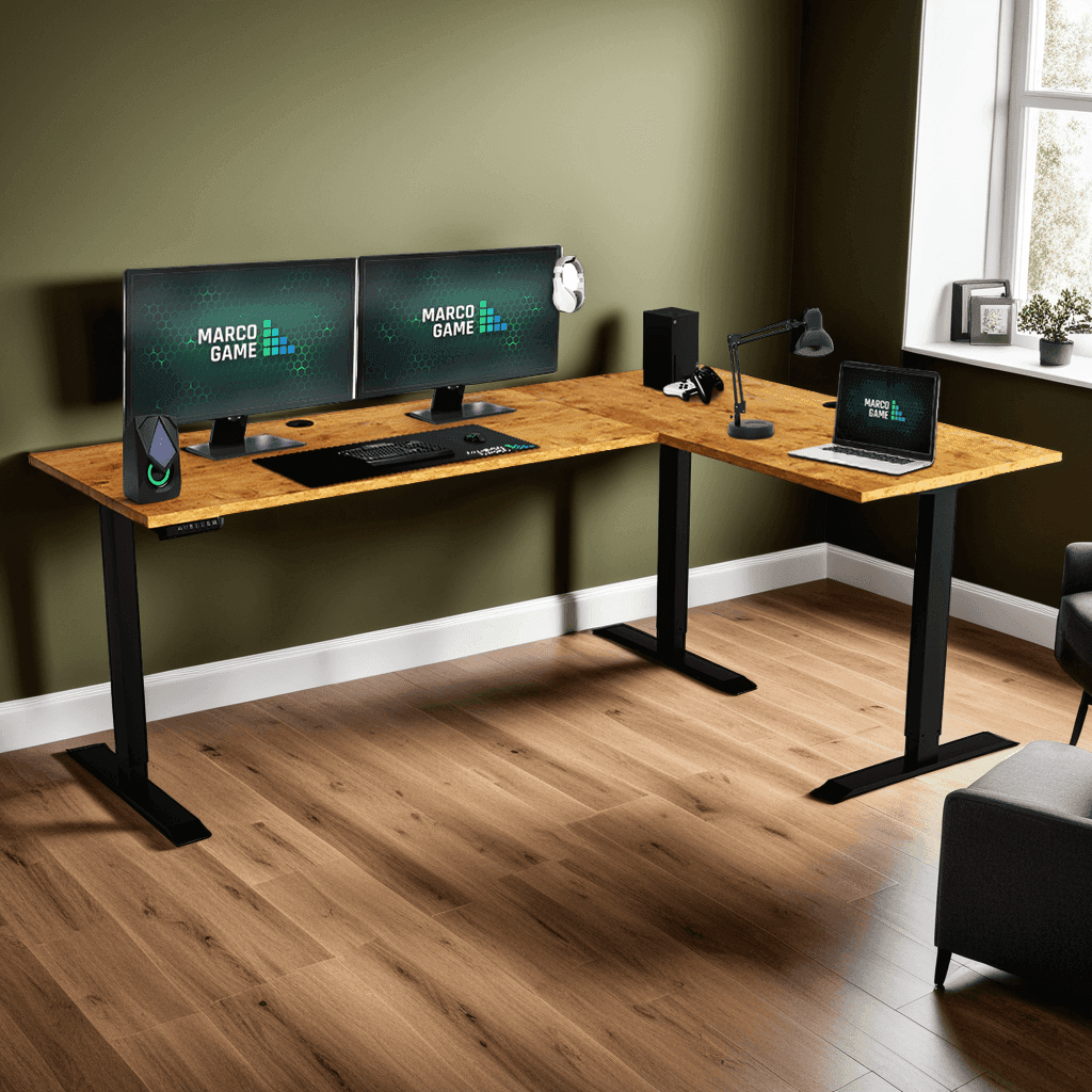 biurko narożne elektryczne z regulacją wysokości w pokoju
