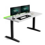 biurko na stelażu z multiportem przepustem dwa monitory białe