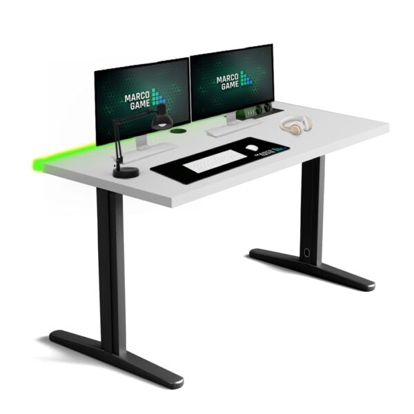 biurko na stelażu z multiportem przepustem dwa monitory białe biurko na stelażu z multiportem przepustem dwa monitory białe