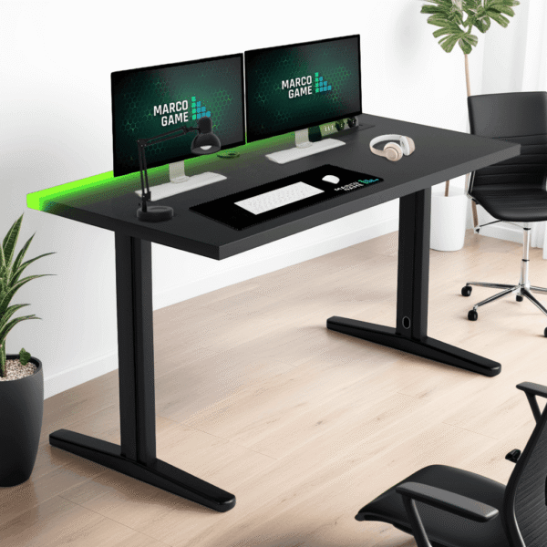 Biurko Gamingowe MARCO GAME FUTURE białe z ledem multiportem i przepustem Biurko Gamingowe MARCO SKILL czarny stelaż led czarny blat 36mm mulitport w pokoju