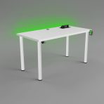 biurko z białymi nogami z uchwytem na słuchawki , przepustem, uchwytem na kubek i mulitportem