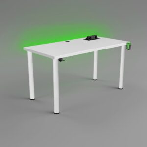 biurko z białymi nogami z uchwytem na słuchawki , przepustem, uchwytem na kubek i mulitportem