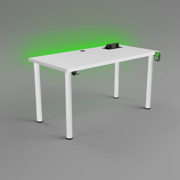 biurko z białymi nogami z uchwytem na słuchawki , przepustem, uchwytem na kubek i mulitportem biurko z białymi nogami z uchwytem na słuchawki , przepustem, uchwytem na kubek i mulitportem