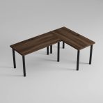 biurko narożne orzech przepusty czarne nogi szare tło